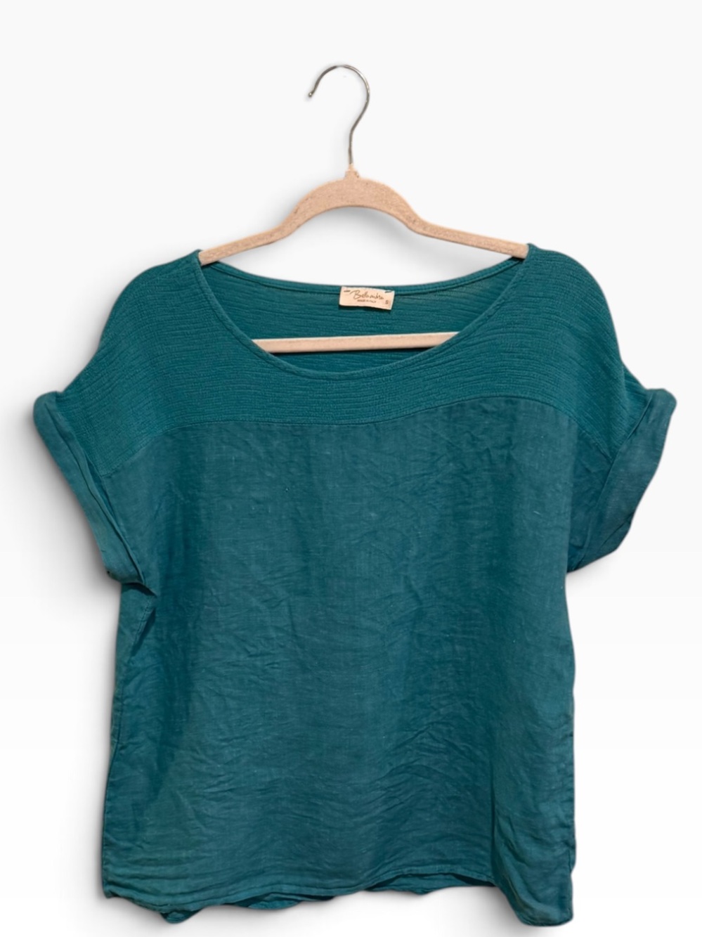 Bilancia Made in Italy Teal Linen Boxy Boat Neck Top Sz S